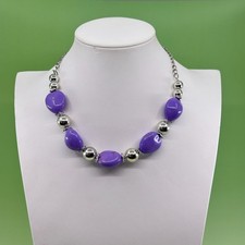 Purple Oval Bead Necklace Silver Tone Chunky Statement Adjustable Boho Jewelry