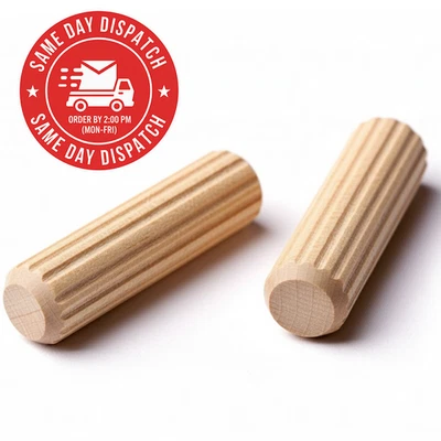 SS8 Wooden Dowels Premium Fluted Hardwood Dowel Pins - Metric Wood Plugs