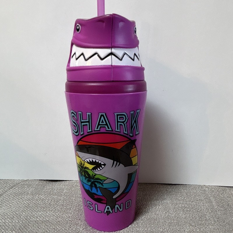 Cool Gear Shark Island Purple Shark Figural Water Bottle 18oz BPA-Free Straw