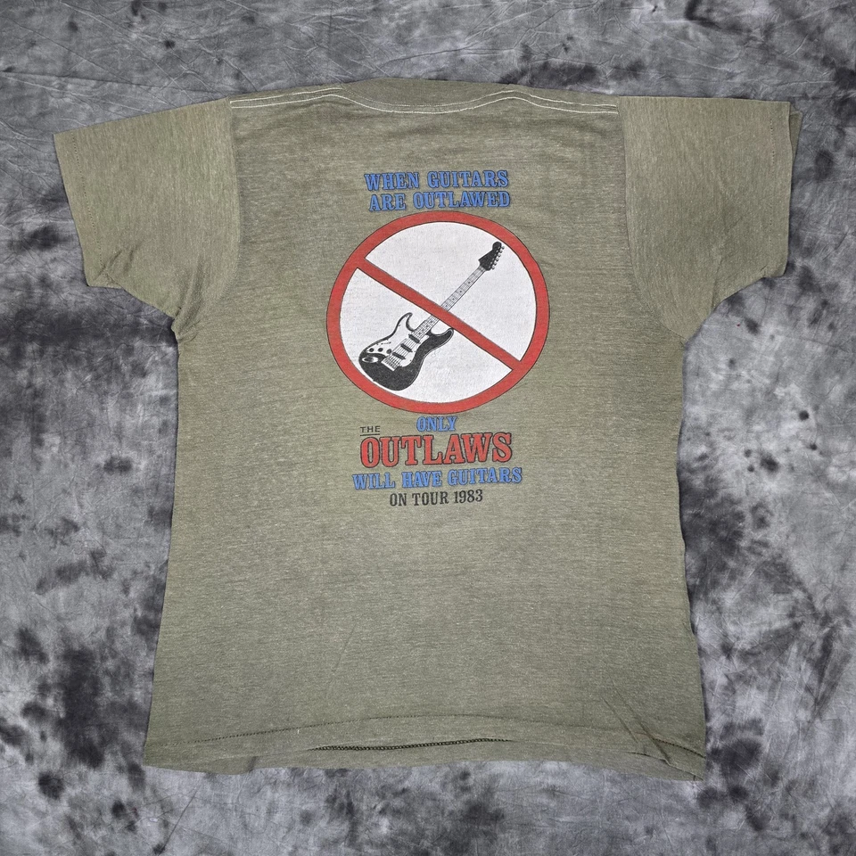 Vintage 1983 The Outlaws Tour Shirt Size L Why Waltz Rock & Roll Guitars Green - Image 3 of 4