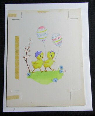 EASTER Cute Chicks w/ Balloons & Pussywillow 10x13'' Greeting Card Art #E2462