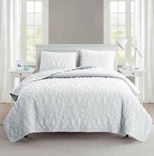 Solid White Beach Coastal Seashells 3 pc Quilt Set Coverlet Queen King Bedding