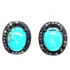 925 Sterling Silver 7 x 9 MM. Blue Turquoise  Sapphire Earrings