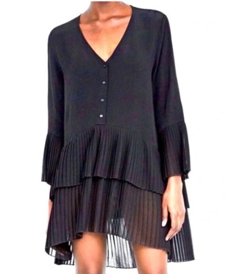 ZARA WOMAN V-neck Tiered Pleated Bell Sleeve Chiffon Tunic Dress in Black  Medium