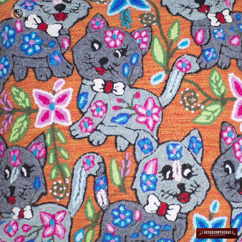 Embroidered pillow covers 18x18", Cat design,  Peruvian Accent Alpaca pillows - Image 3 of 4