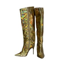 Stivali al ginocchio stiletto a punta metallizzati Public Desire Tai oro misura 8W