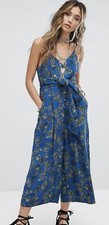 Free People Hot Tropics Size 6 Blue Floral Wide Leg Capri Jumpsuit Front Tie