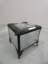 J Devlin Ornate Glass Art Trinket Box Decorative Footed 3" x 3" Hinged Metal