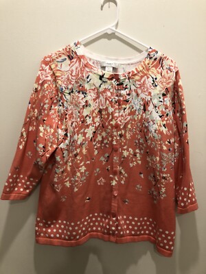 C J Banks Peach/Black/White Floral Print Button Up Cardigan Sweater Size X