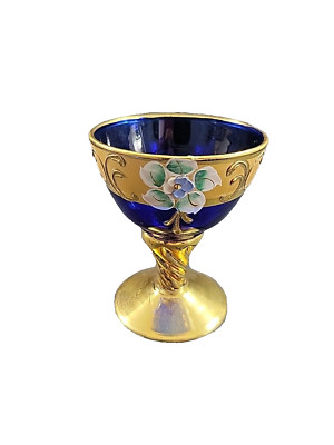 Vintage Italian Tres Fuochi Cobalt Blue Cordial Glass 24kt Gold Murano Venetian