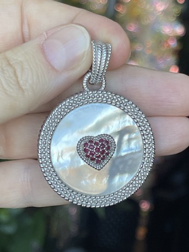 Judith Ripka Medalion Silver 925 Ruby Heart Round Reversible Pendant Enhancer - Picture 3 of 9