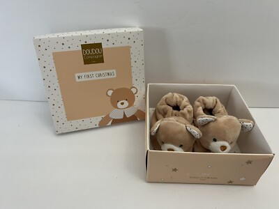 NIB Doudou Et Compagnie Paris Bear Baby Soft Bootie Slippers 0-6 Month 1st Xmas