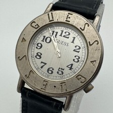 Vintage GUESS Quartz Watch Unisex Silver Leather Japan Movt Analog New Battery