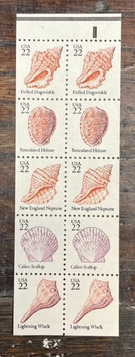 Scott 2121a, 22c Seashells USA, Plate #1, Booklet Pane, MNH