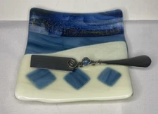 Fused Glass Art Cheese Snack Plate with Decorative Knife Ivory Blue Iridescent