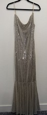 Women’s Silver Sequin Cowl Neck Spaghetti Strap Long Formal Party Gown