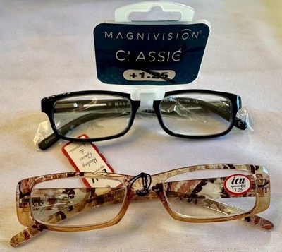 2 Pr Reading Glasses +1.25 Slim Rectangular Spring Hinge NWT, ICU, Magnivision