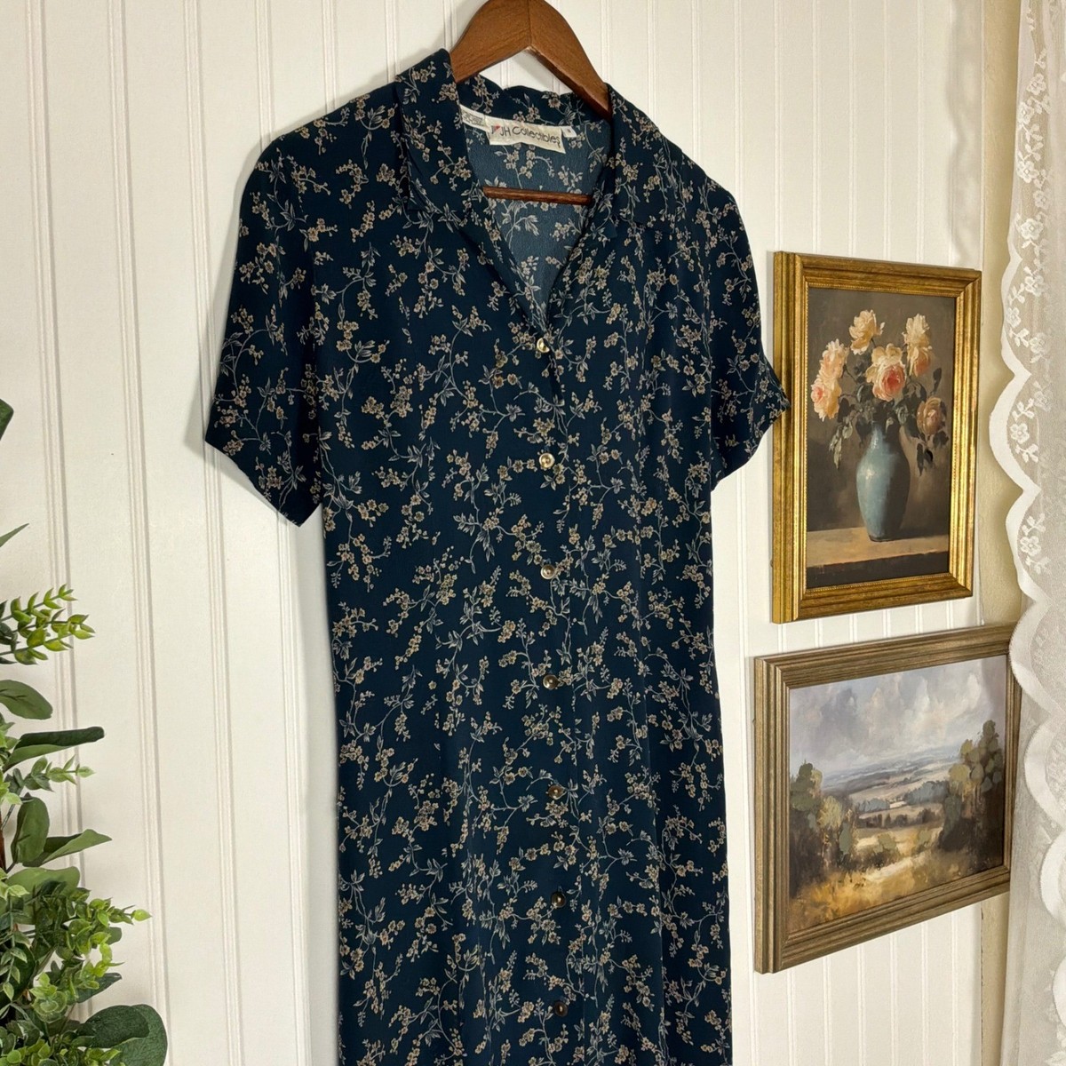 JH Collectibles Dress Womens 8 Navy Blue Excellent Vintage Floral Rayon Midi View 2