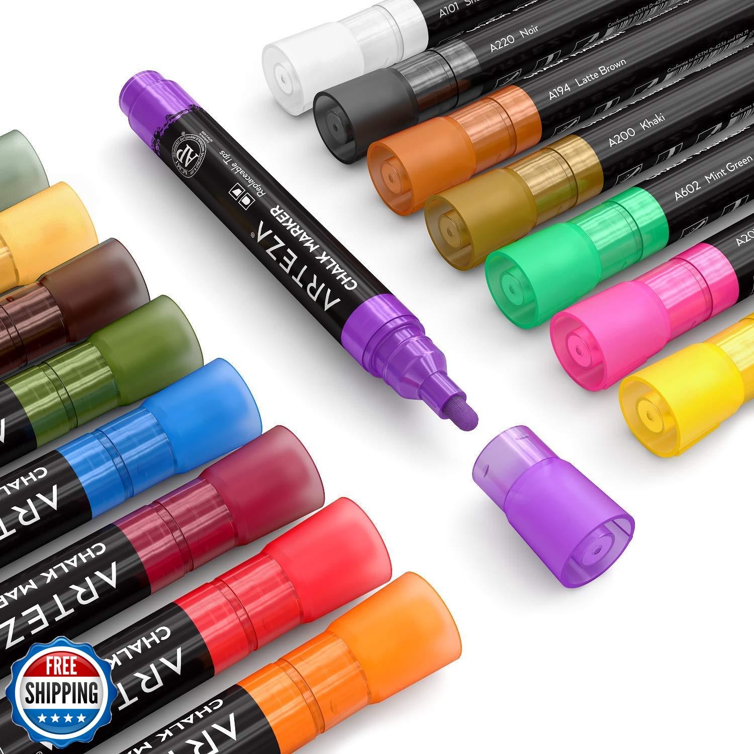 ARTEZA Pastel Liquid Chalk Markers, Set of 16, Tweezers, Labels, 