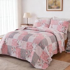 Full Queen Size Quilt Set Pink Floral Full/Queen Size 87"x95" Pink Grey