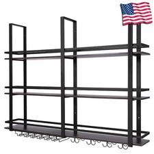 Wall Mounted Wine Rack 3 Tier Wine Shelf with Glass Holder Metal Retro Bar Shelf