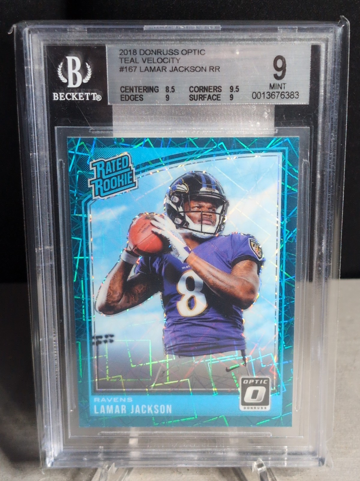 2018 Donruss Optic Teal Velocity Lamar Jackson Rookie Card BGS 9 Mint #167
