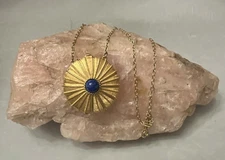 Vintage 1973 Estee Lauder, Gold w/Blue Stone, Solid Perfume Compact Necklace