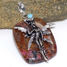 925 Silver Plated Cap Cobalt Calcite Larimar Fairy Pendant Gemstone 2" JW
