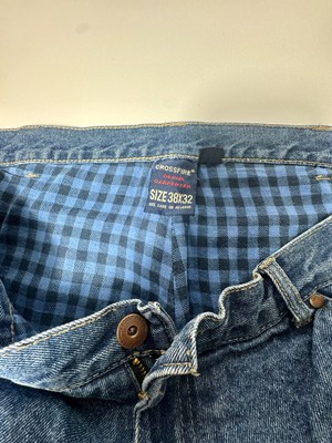VINTAGE CROSSFIRE BLUE PLAID FLANNEL LINED DENIM CARPENTER JEANS 38 X 32