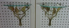 Vtg Set of 2 Home Interiors Gold Metal Leaf Design Curved Glass Top Shelves