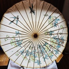 Vintage Hand Painted Bamboo and Rice Paper Parasol Sun Umbrella Art Floral Birds