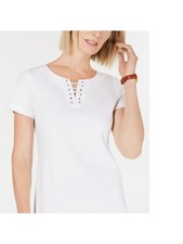 KAREN SCOTT Womens White Short Sleeve Split Shift Dress Petites PP