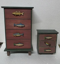 (2) Decorative Fishing Tackle Storage Jewelry Wood Box With Drawers - Lot of 2