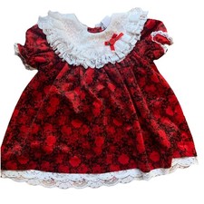 Little Precious Vintage 80  s Velvet Like Girls Dress Lace Red 24 Months Frilly