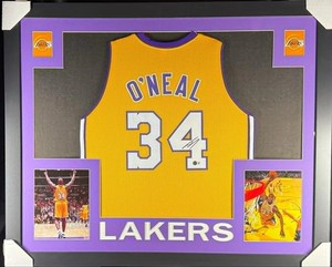 LA Lakers Shaquille O'Neal Signed NBA 35x43 Framed Jersey Beckett COA