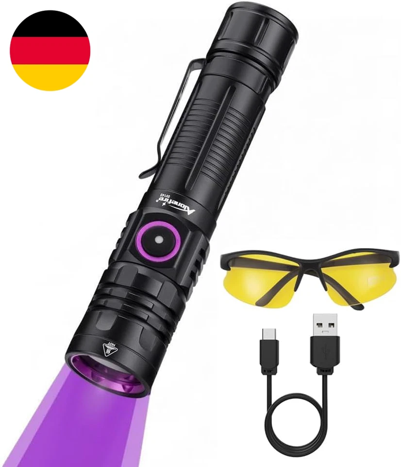 Alonefire SV143 365Nm UV Taschenlampe 10W Stark Typ C USB Aufladbar Schwarzlicht