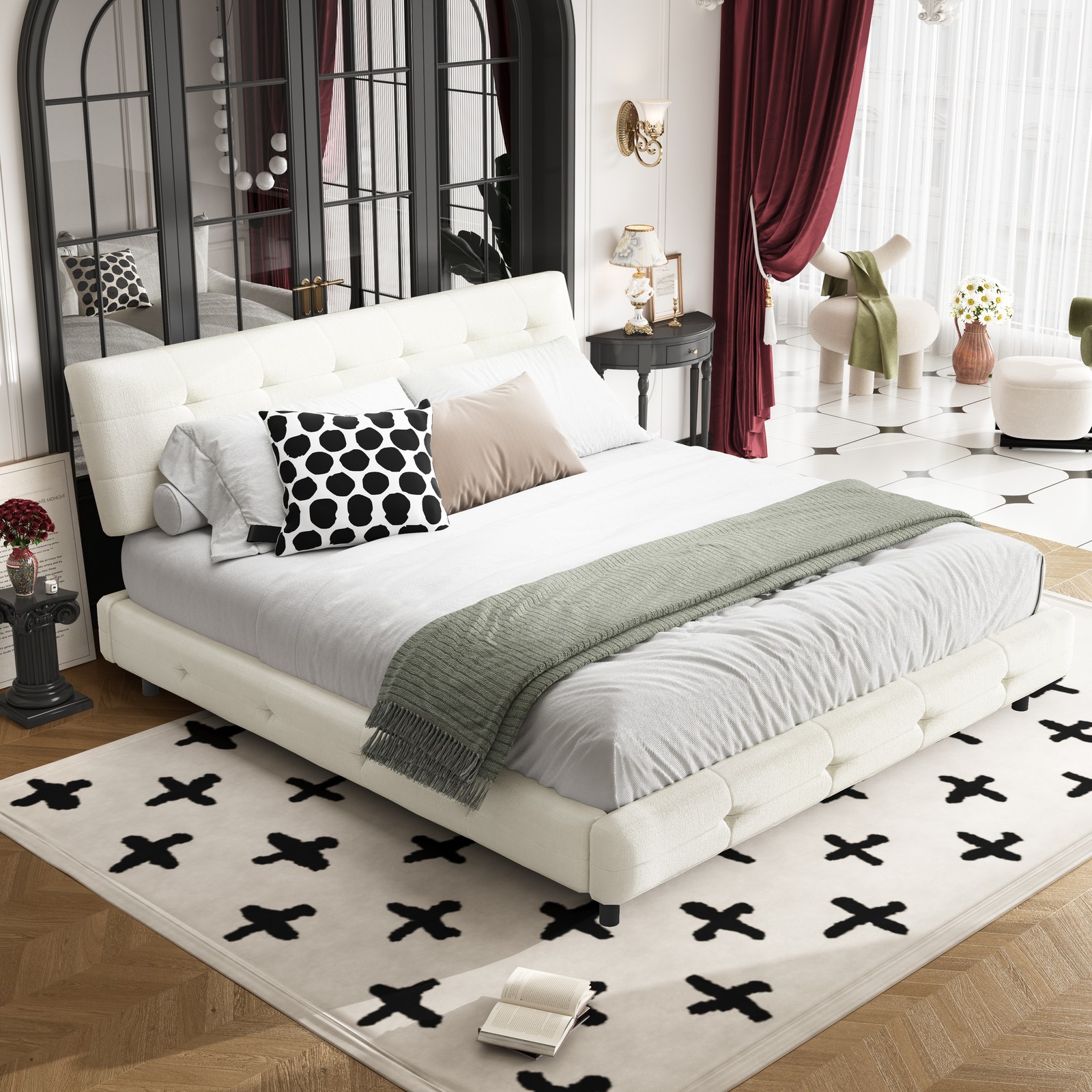 King Size Bed Frame,Tufted Headboard with Extra-Large Ultra-