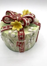 Vintage Fitz & Floyd Trinket Box Lily of the Valley Red Bow Porcelain Round