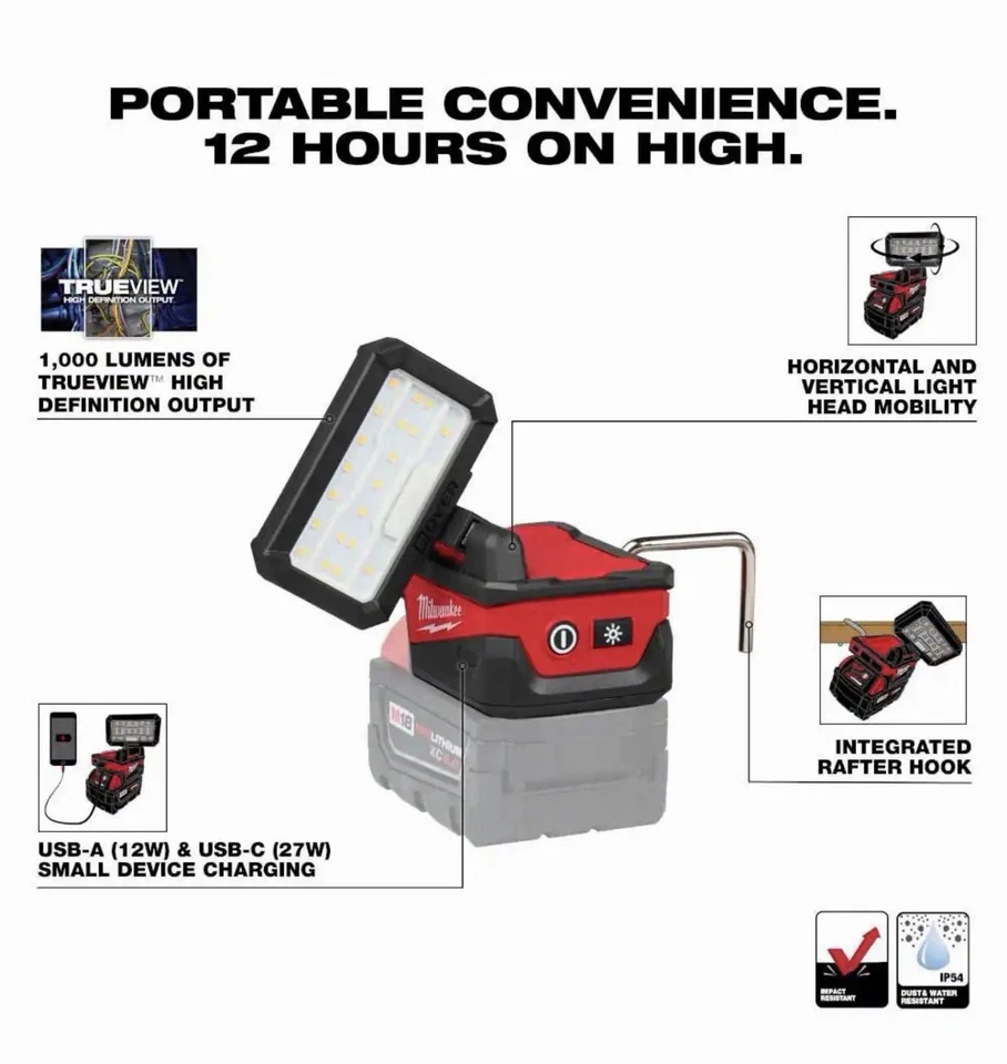 Luz de inundación ROVER inalámbrica de iones de litio de 18 voltios Milwaukee M18 con (1) M18 2,0 Ah Foto 2 de 4