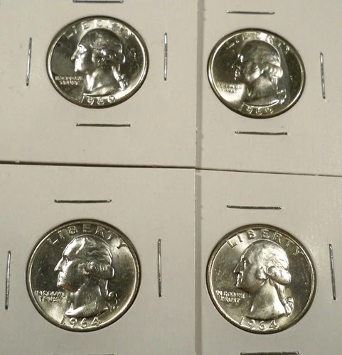 LOT OF 4 BU WASHINGTON QUARTERS 1960P 1960P 1964P 1964D 0.7233 oz SILVER 25c