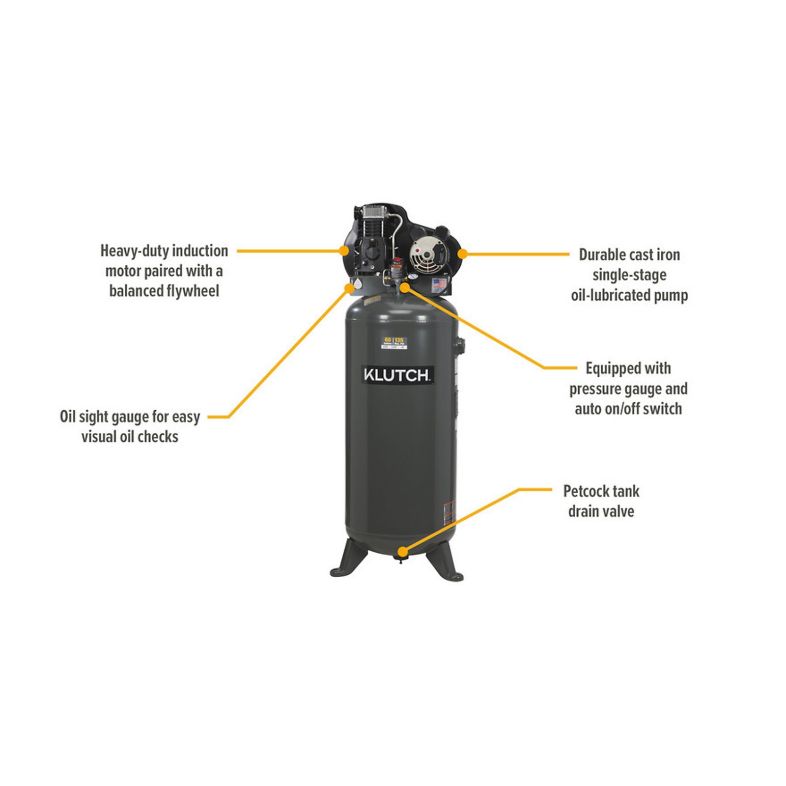 Klutch 60-Gallon Single-Stage Vertical Air Compressor, 3.7 HP, 230 Volts