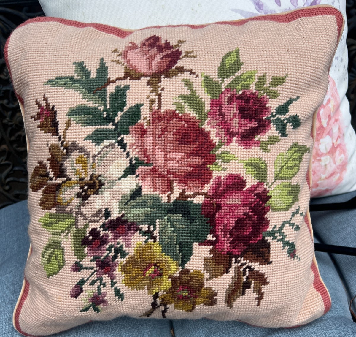Vintage Wool Needlepoint Pillows Pink Roses Bouquet 13" x 13" Tan Velvet Back!