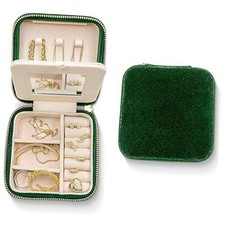Plush Velvet Jewelry Box  Travel Jewelry Case Organizer with Mirror  Emerald