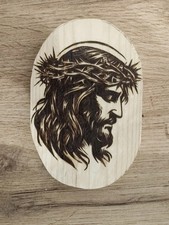 Quadro Religioso volto Cristo Gesù trinità Pirografia a mano arte sacra unica