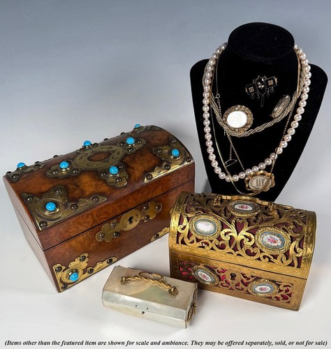 Antique French Bronze 4.5" Jewelry Box, Old Paris or Sevres Floral Medallions - Picture 12 of 14