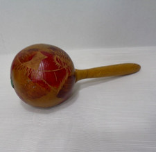 Vintage Three Inch Diameter Hand Carved/Stained Gourd Maraca Wooden Handle EUC