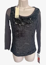 FUZZI Long Sleeve Blouse Top S Small Cut Velvet Mesh Sheer Black Floral NWT vtg