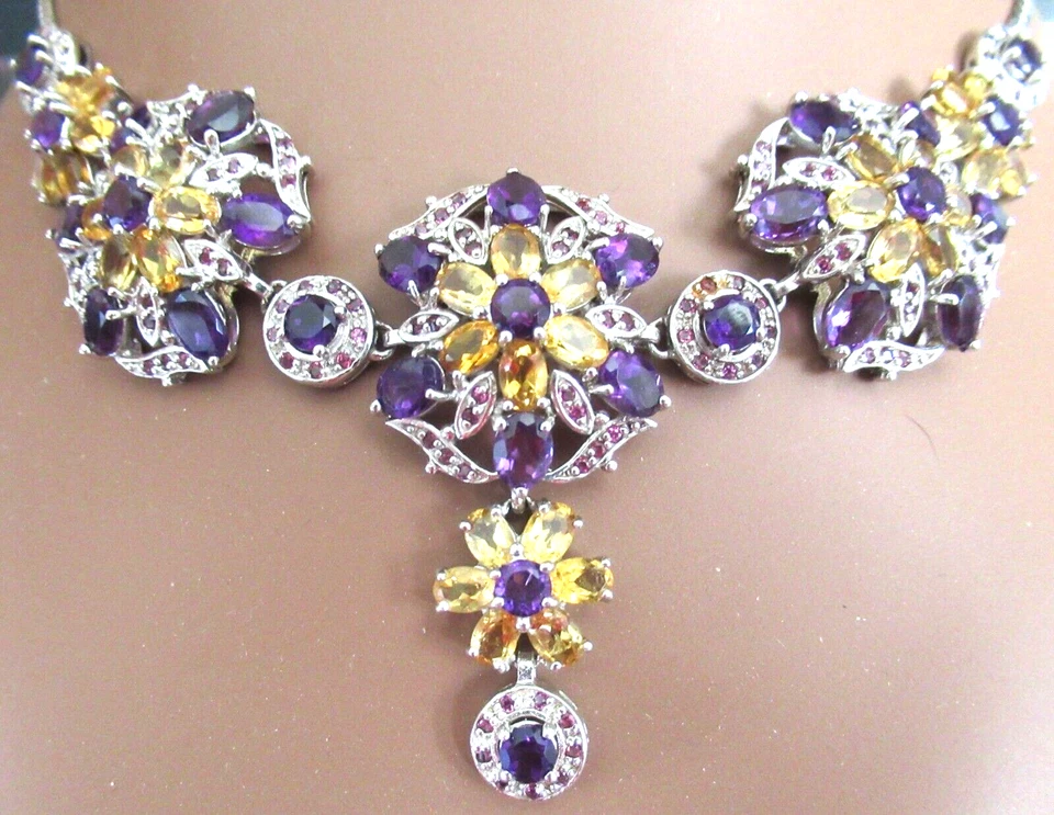 Impresionante collar de plata de ley 925 genuina de amatista y citrino Foto 3 de 4