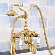 Luxury Polished Gold Brass Deck Mounted Clawfoot Tub Faucet with Hand Shower