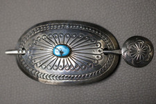 Navajo DJ Stamped Sterling Silver Turquoise Hair Stick Pin Barrette 19.8g 2 7/8"